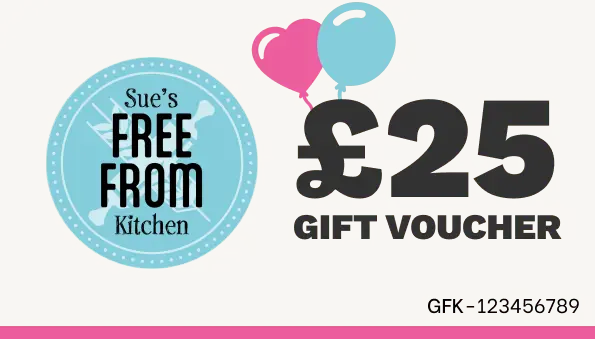 A £25 gift voucher with a blue and pink balloon background.